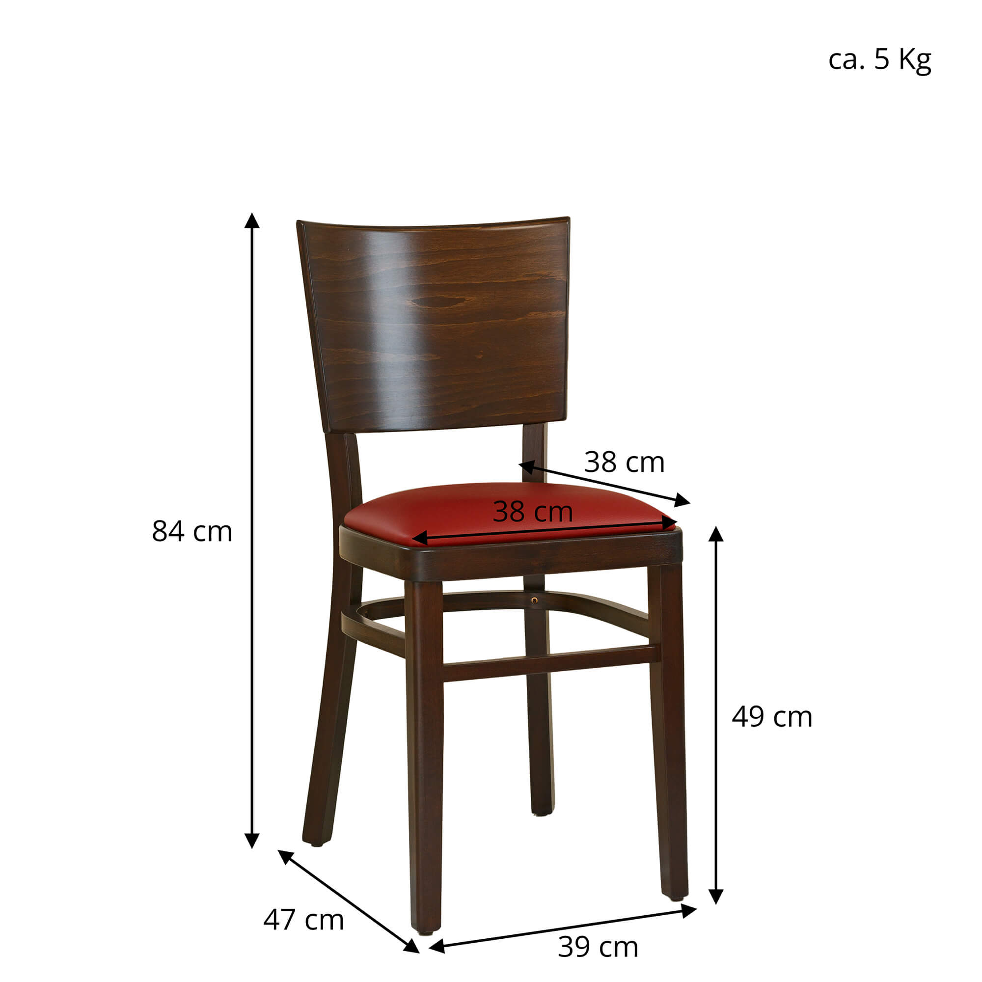 Holzstuhl_Muno-P_vorne_masseWXg8mJwvMkZYN Muno-P mit Maßangaben: Höhe 84 cm, Sitzhöhe 49 cm, Breite 39 cm, Tiefe 47 cm, Sitzfläche 38×38 cm; roter Polstersitz.