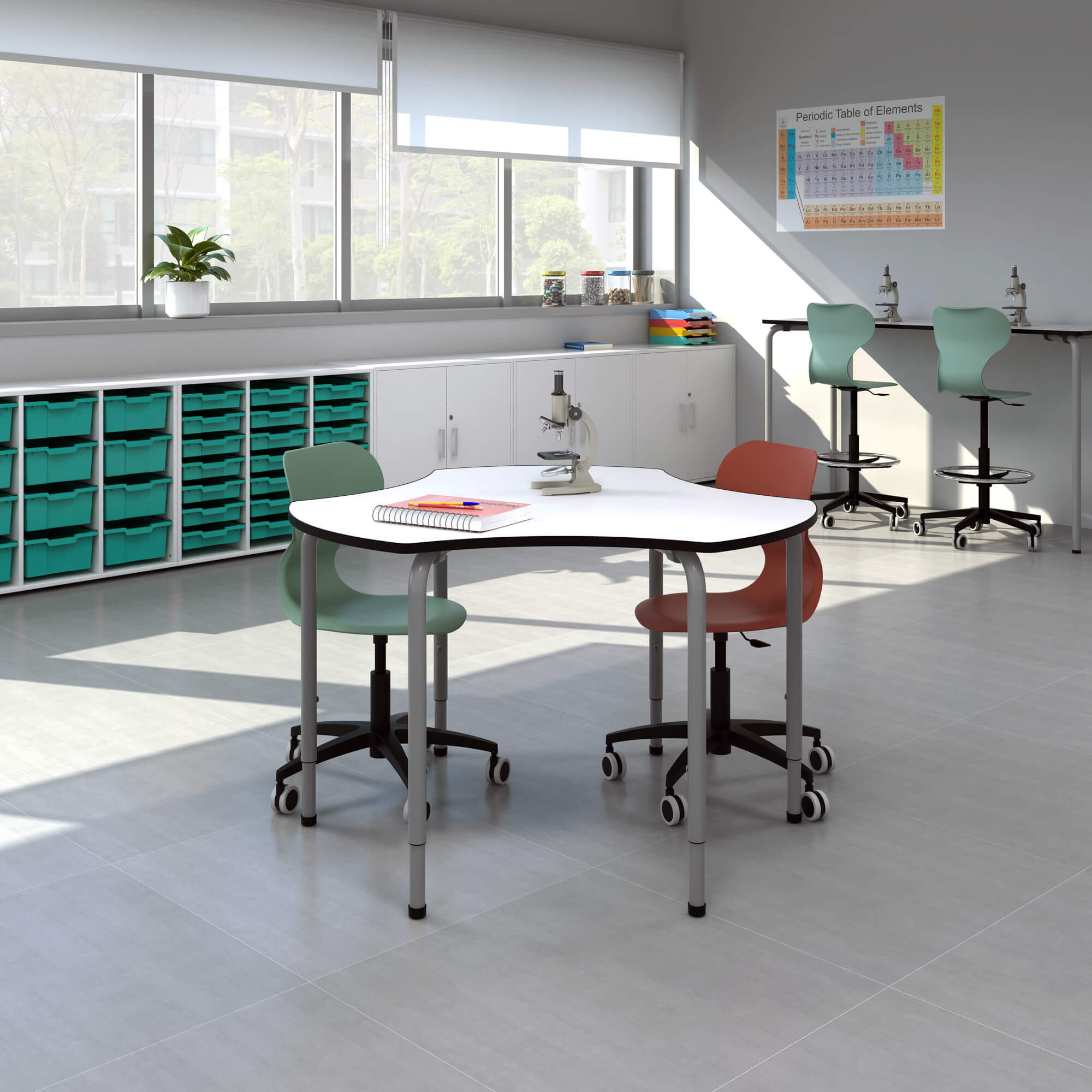 aula-steam-ateca-aulas-del-futuro7 Materialcontainer in modernem Klassenraum mit Tischen und Lernstühlen