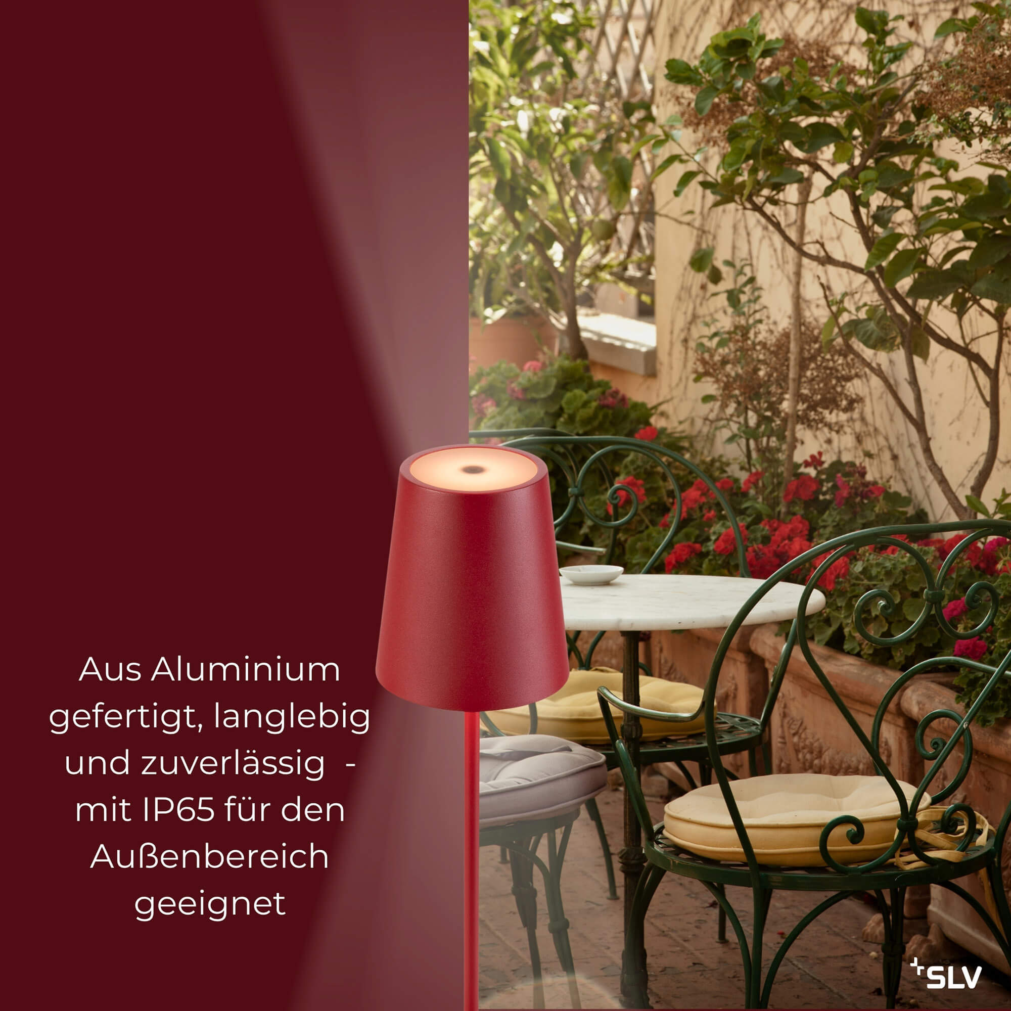 outdoorlampe aus Aluminium in Rot mit IP65 für Terrasse und Außenbereich outdoorlampe aus Aluminium in Rot auf Terrasse vor Gartenbestuhlung, für den Außenbereich mit IP65 geeignet