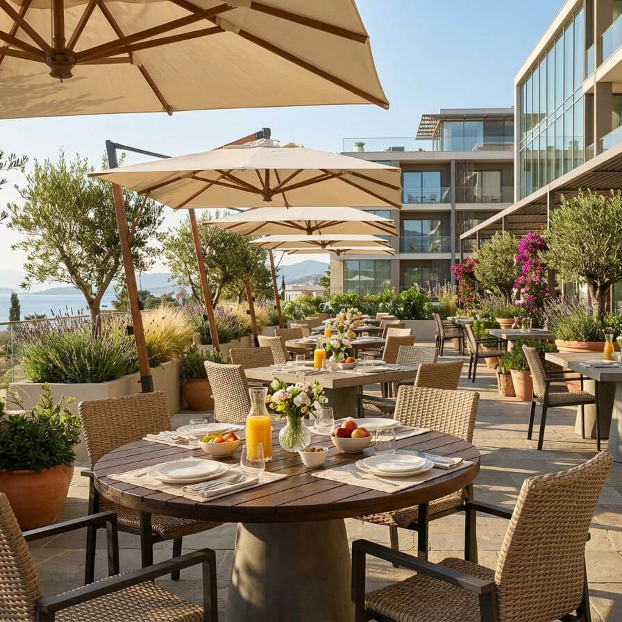 terrassenstuehle_gastronomie_Benora_natur_milieubild_terrasse Benora Natur Outdoorstuhl mit Geflecht – Milieubild Terrasse