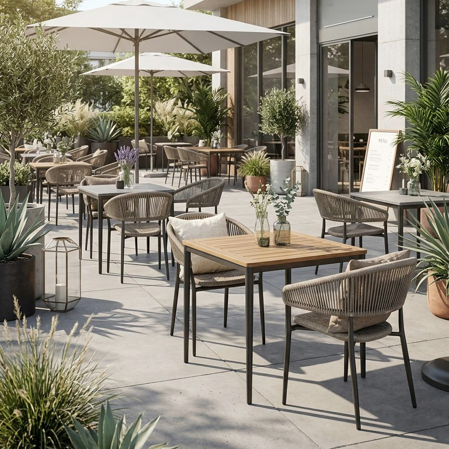 outdoorstuehle_gastronomie_jacora_silver-grey_milieubild_terrasse Jacora Silver-Grey Outdoorstuhl mit Geflecht – Milieubild Terrasse