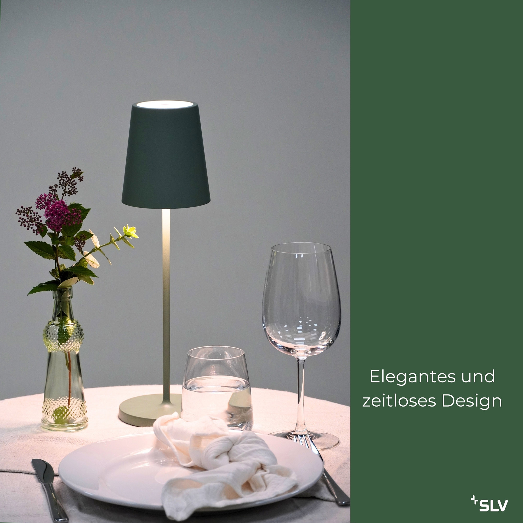 outdoorlampe Vinolina in Grün mit elegantem und zeitlosem Design outdoorlampe Vinolina in Grün auf gedecktem Tisch mit Vase, Wasserglas und Weinglas, elegantes und zeitloses Design