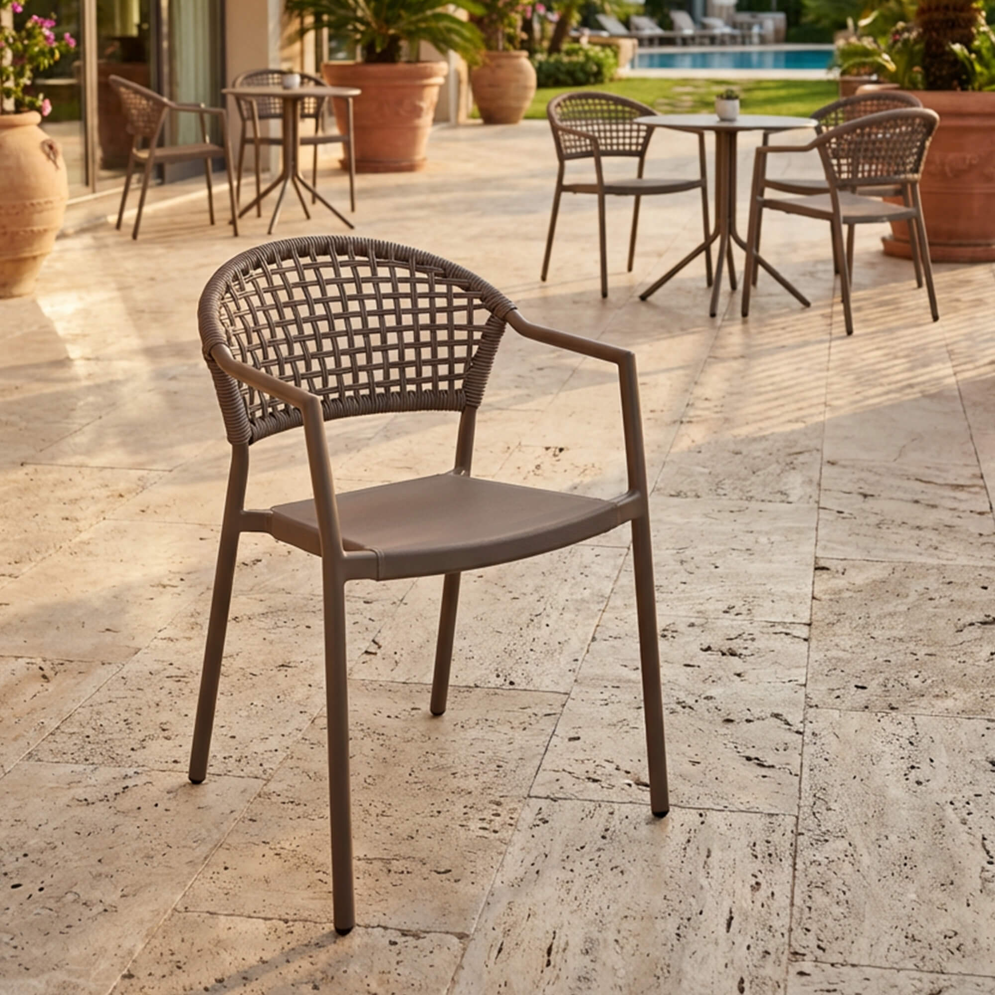 Gartenstuhl Gio Chess – taupefarbener Gartenstuhl mit Armlehnen auf eleganter Hotelterrasse am Pool