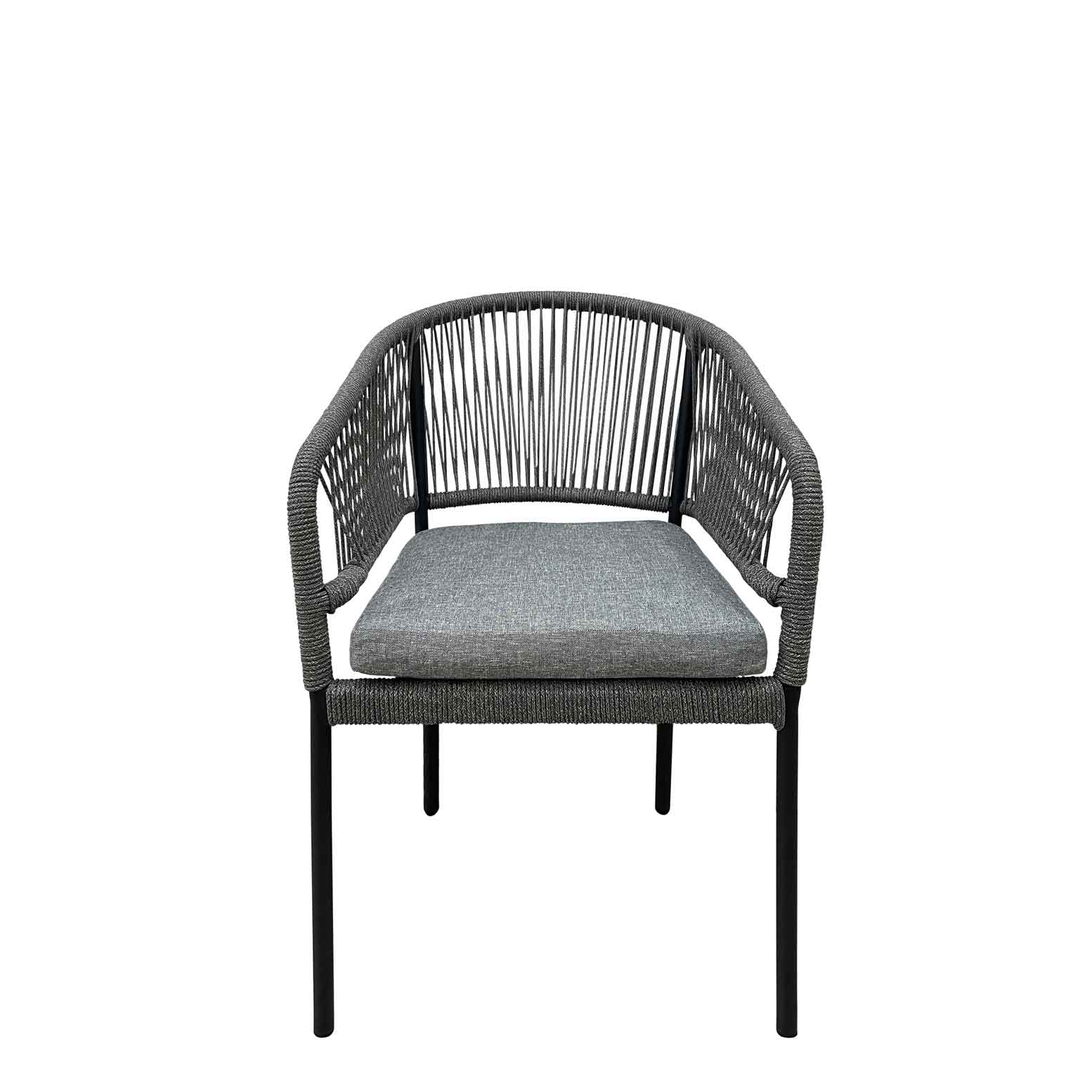 terrassenstuehle_gastronomie_densa_grey_frontalansicht Densa Grey Outdoorstuhl mit Armlehnen, Sitzkissen und Geflecht – Frontalansicht