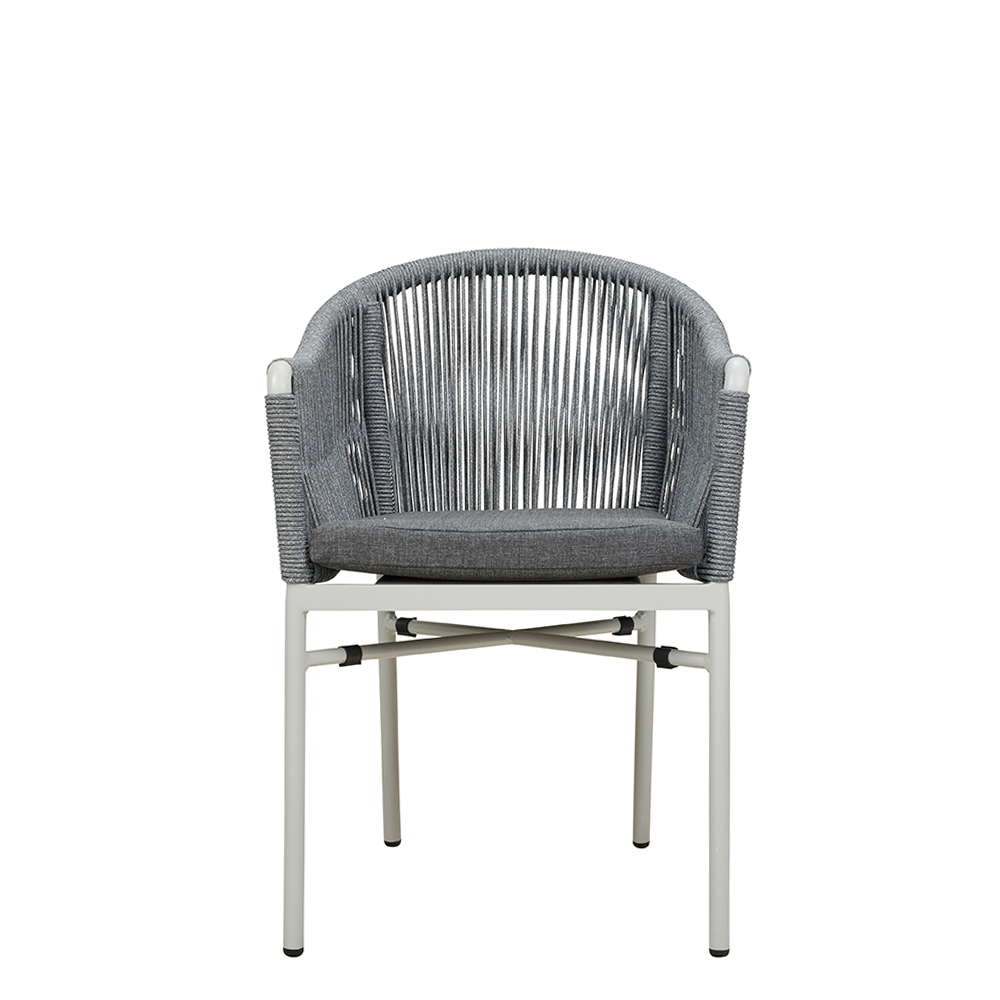 Ramila-RR Light Grey Terrassenstuhl mit beigem Aluminiumgestell und Textilen-Rücken, stapelbar und wetterfest für Gastronomie Frontansicht