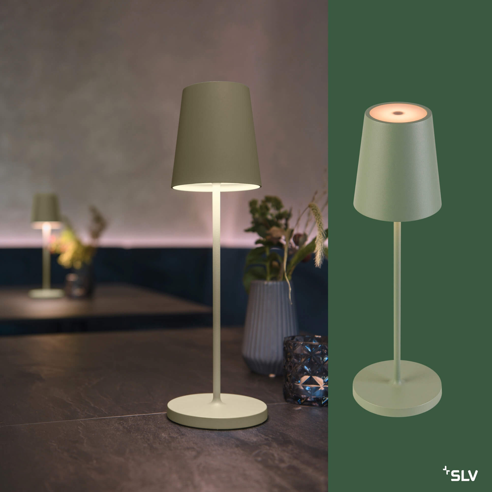 Outdoorlampe Vinolina Two Lindgrün für stilvolle Beleuchtung in Gastronomie und Hotellerie Outdoorlampe Vinolina Two Lindgrün als moderne Tischleuchte auf dunkler Restauranttafel