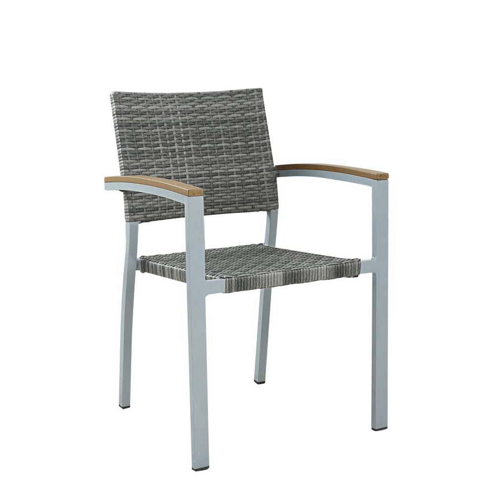 Gastronomiestuhl_Terrassenstuhl_Verbania-mixed-grey Terrassenstuhl Verbania Mixed Grey mit Rattan-Geflecht, weißem Gestell und Armlehnen in Holzoptik